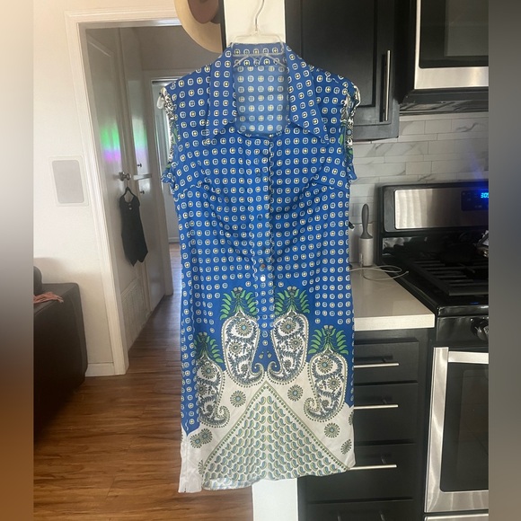 70s Paisley Sundress Medium Blue Midi Straight Button Down Collared Vintage Mod - Picture 3 of 12